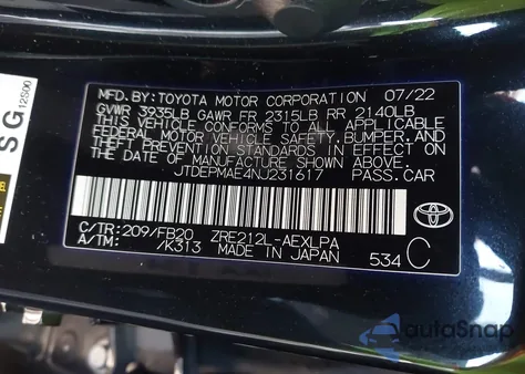 2022 Toyota Corolla Le from USA, damaged, VIN JTDEPMAE4NJ231617